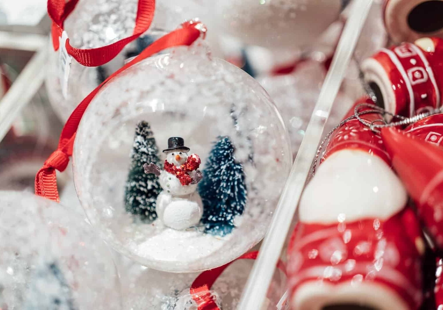 a glass ornament with a snowman inside of it